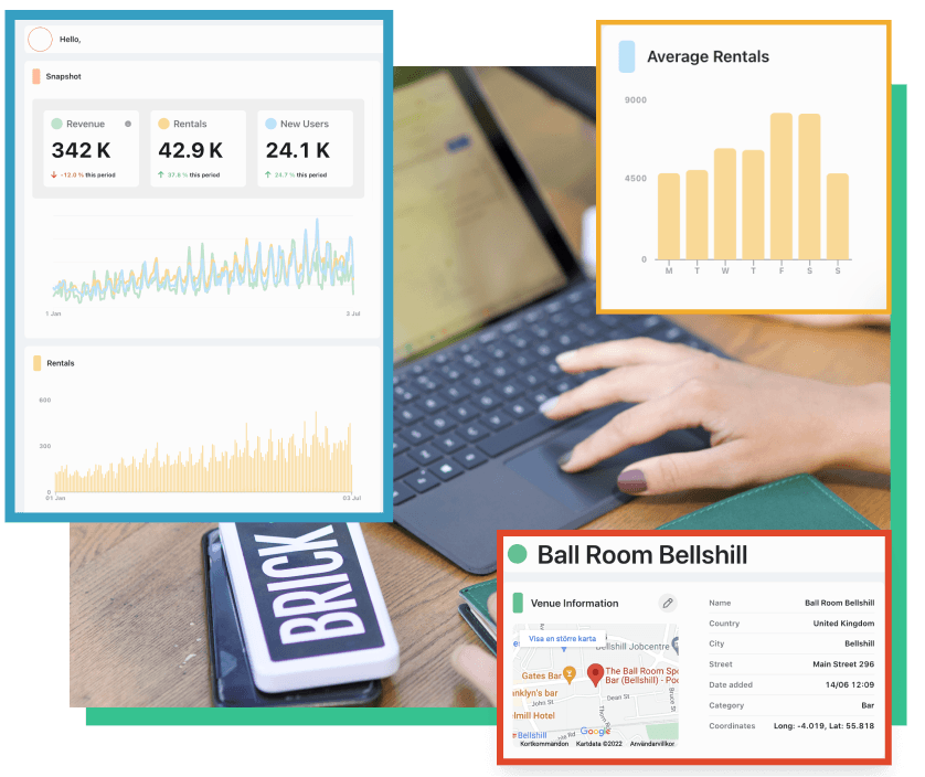 Mehrere Screenshots des Brick-Admin-Dashboards