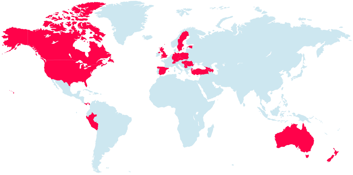 A world map with active countries marked red