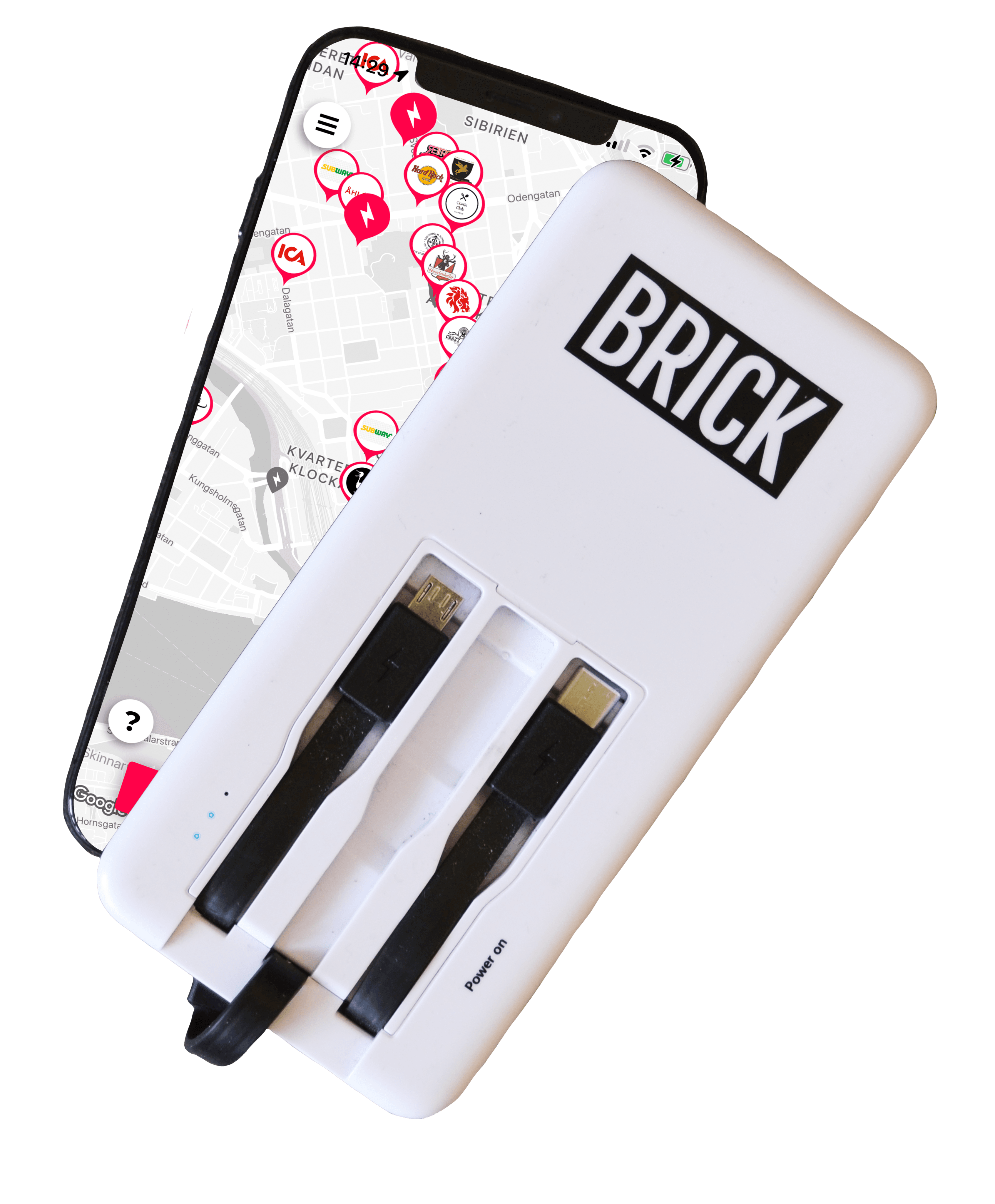 Een Brick powerbank die een telefoon oplaadt